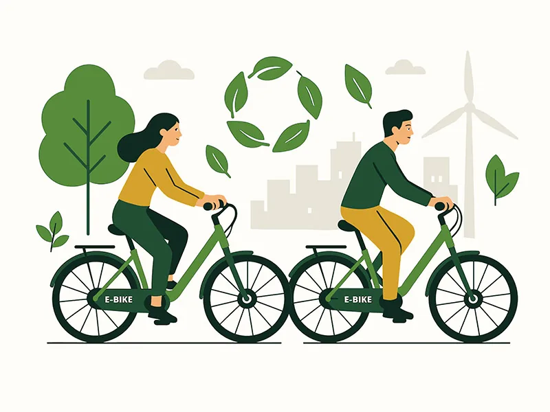 Two people ride green e-bikes in a cityscape with trees, leaves, and a wind turbine. The mood is eco-friendly and vibrant.