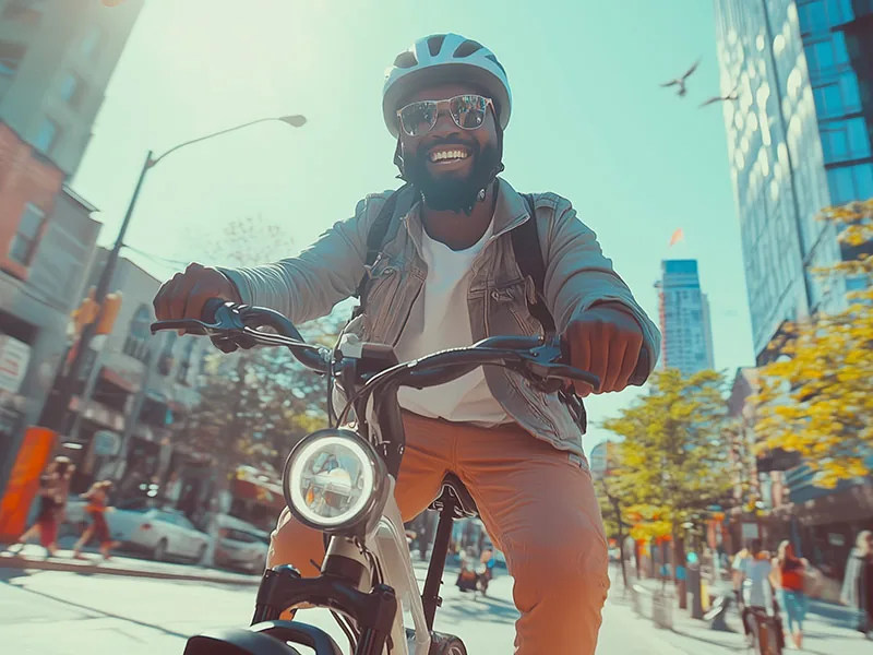 Man smiling while cycling on a busy city street, wearing a helmet and sunglasses. Bright, clear sky with tall buildings in the background.