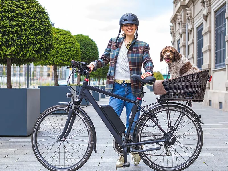 Woman in helmet smiles with bike on city street. Dog sits in rear basket. Background: trees, buildings. Casual, cheerful scene.