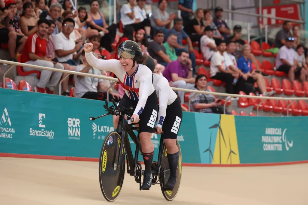 US Paralympians racing a front/back tandem bike