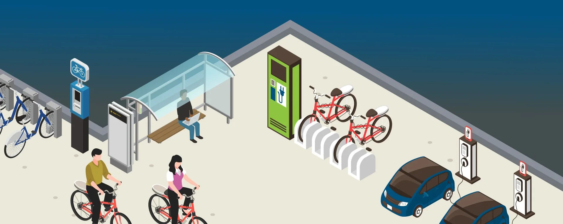 Isometric illustration of a shared mobility hub: a bikeshare dock and kiosk, a transit shelter, an e-bike charging column with docked e-bikes, electric cars on chargers, and two people riding bikes