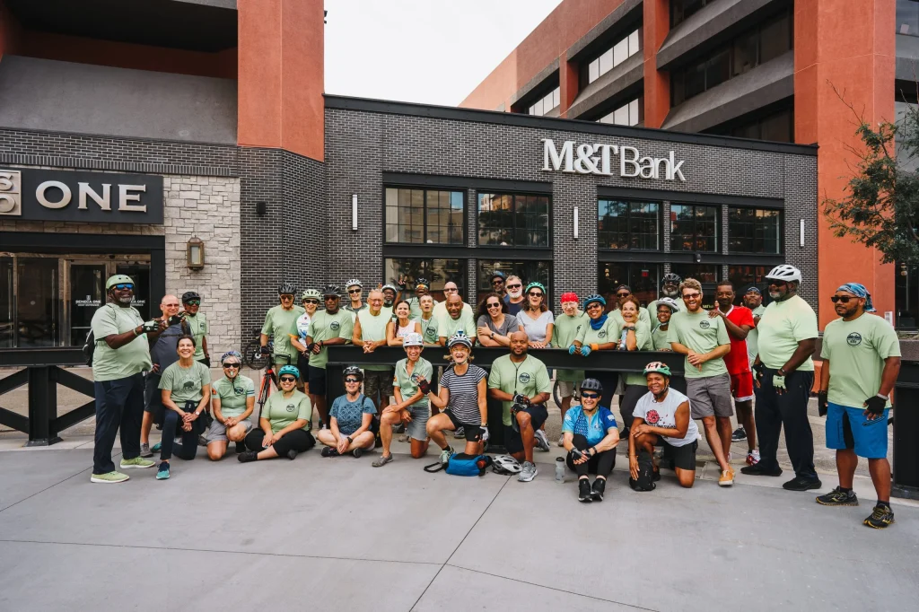 ESBC meets every Saturday at 10am for a community group ride around Buffalo. Pictured here is a group ride to Seneca one in downtown Buffalo.